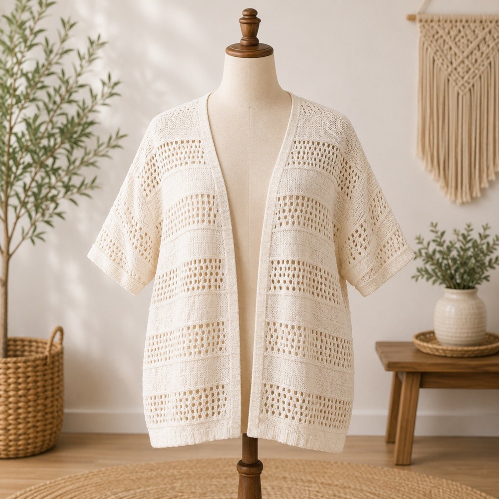 NWT Cupshe Cardigan Cover Up  One Size Ivory Knit Pointelle Open Front Boho